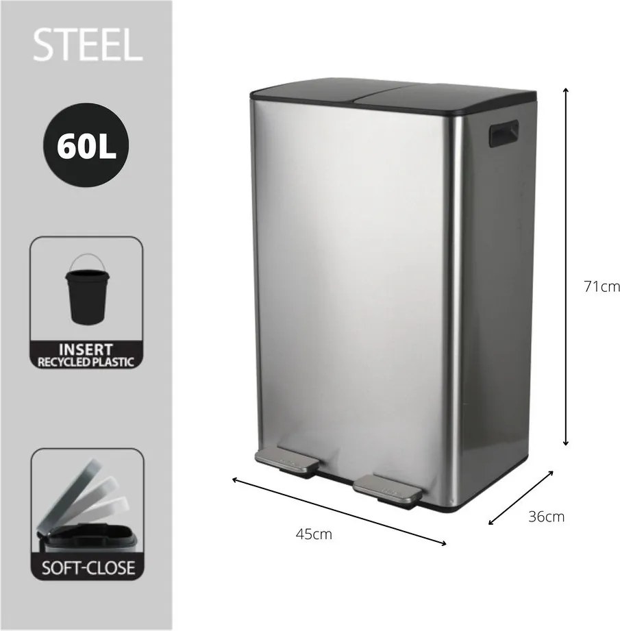 Cestino per la spazzatura color argento opaco in acciaio per raccolta differenziata/con pedale 2x30 l Aliya – Spirella