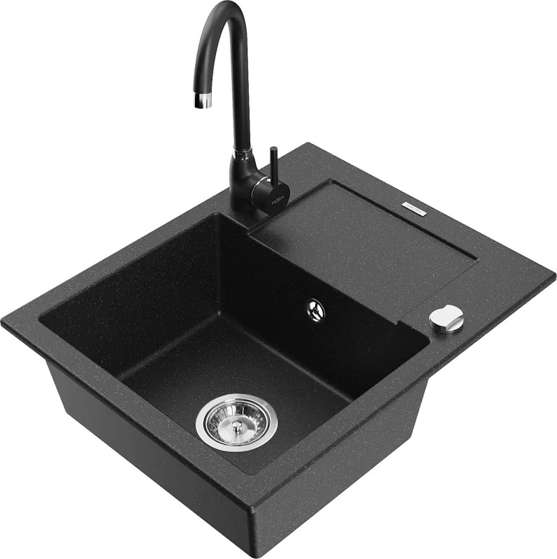 Mexen Enzo lavello in granito a 1 vasca con scolapiatti e rubinetto da cucina Telma, nero/argento - 6506-73-670200-70