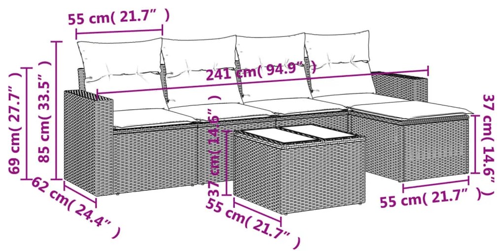 Set divano da giardino 6pz con cuscini grigio chiaro polyrattan