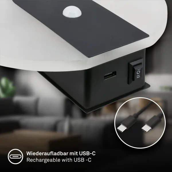 Briloner 3889015 - Lampada da parete LED ricaricabile con sensore TARO LED/2,5W/5V 1800 mAh nera