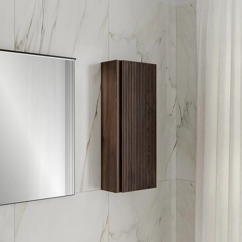 Pensile bagno Step L30 x H75 x P14cm, con 1 anta reversibile, walnut, cannettato, con chiusura ammortizzata