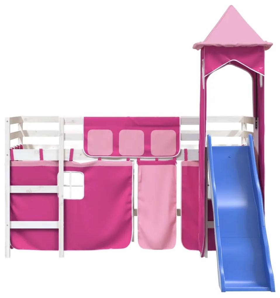 Letto a soppalco con torre bambini rosa 90x190cm massello pino