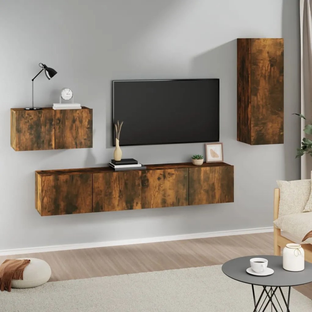 Set Di Mobili Porta Tv 4 Pz Rovere Fumo İn Legno Multistrato /