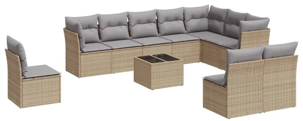 Set divani da giardino 11 pz con cuscini beige in polyrattan