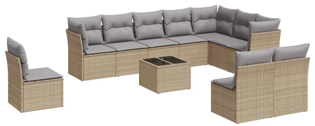 Set divani da giardino 11 pz con cuscini beige in polyrattan