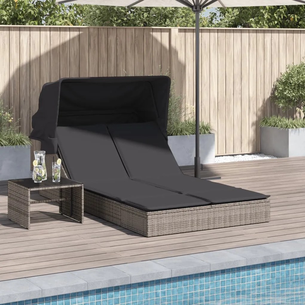 Lettino Doppio Con Baldacchino E Cuscini Grigio İn Polyrattan /