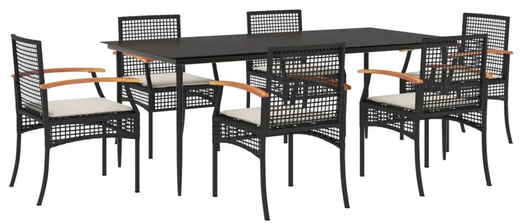 Set da pranzo da giardino 7 pz nero con cuscini in polyrattan