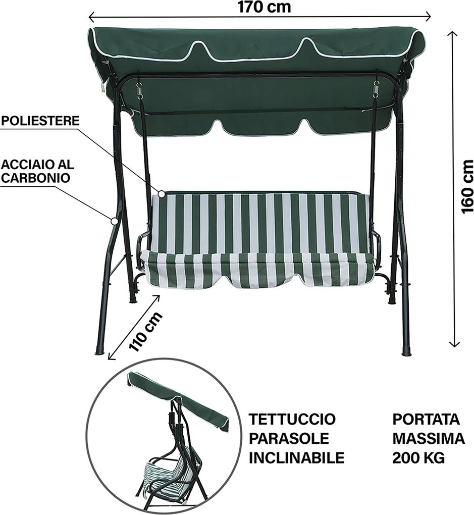 Dondolo da Giardino 3 Posti 170x110x160 cm con Tetto Parasole in Acciaio e Poliestere a Righe Verde...