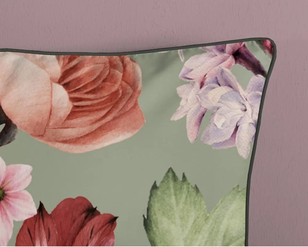 Set copripiumino e federa verde in raso di cotone per letto singolo ed esteso 140x220 cm Fiori – Descanso