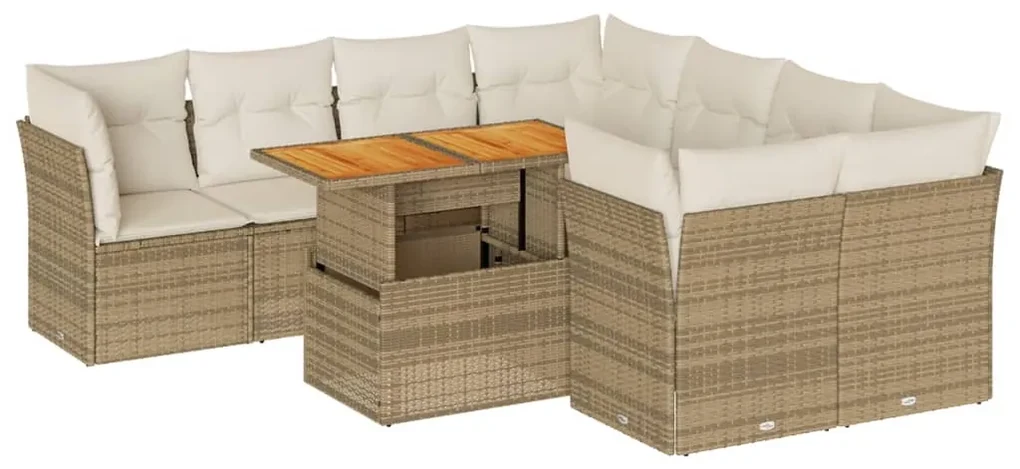Set divano da giardino 9 pz con cuscini beige in polyrattan