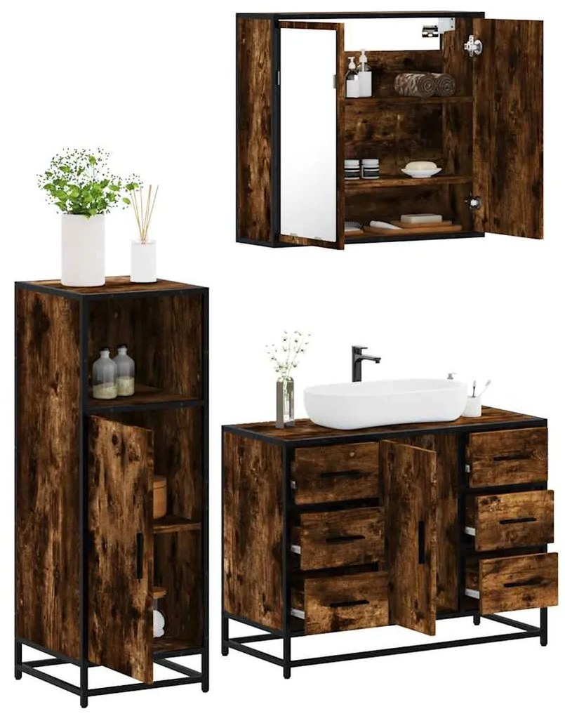 Set Mobili Da Bagno 3 Pz Rovere Fumo İn Legno Multistrato /