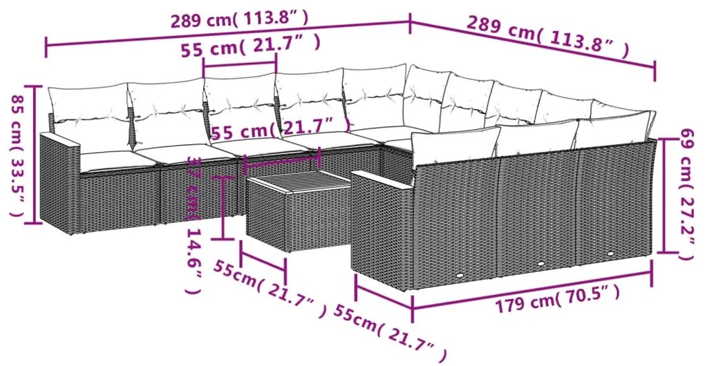 Set Divani da Giardino 12 pz con Cuscini Nero in Polyrattan