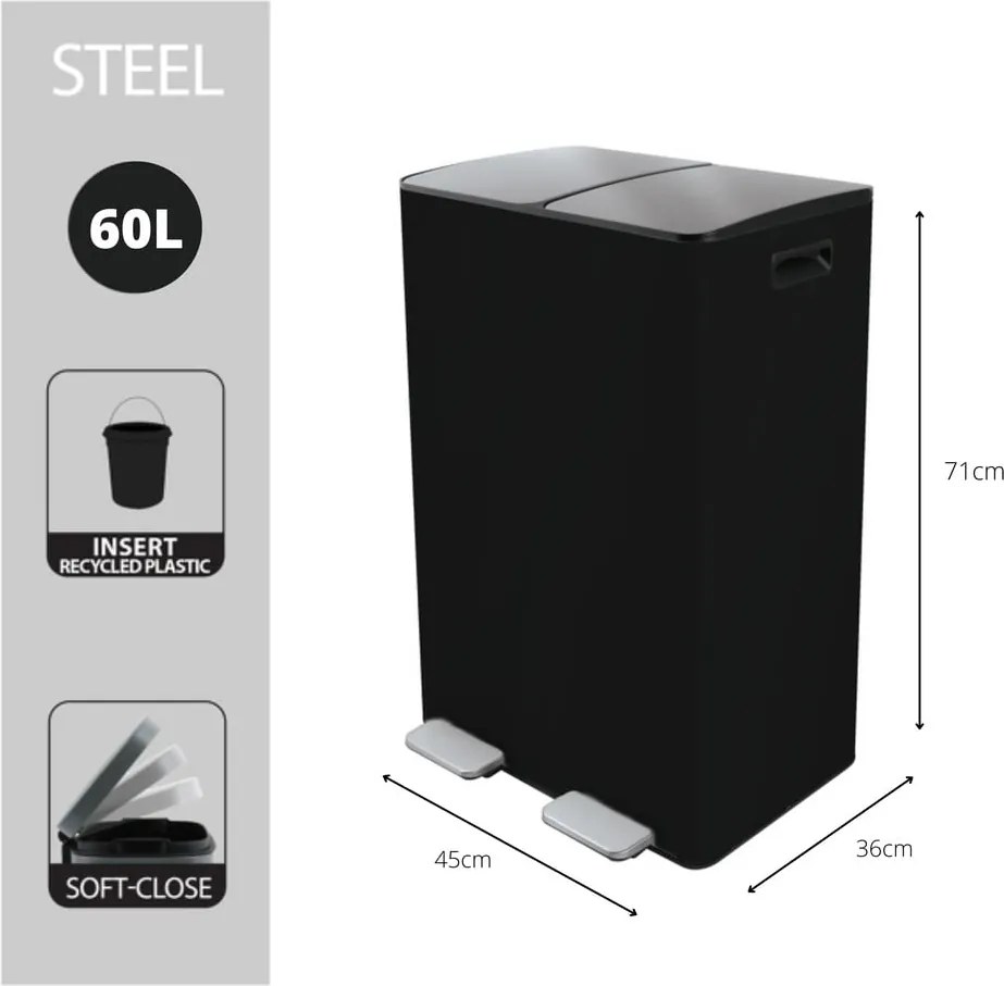Cestino per la spazzatura nero opaco in acciaio per raccolta differenziata/con pedale 2x30 l Aliya – Spirella
