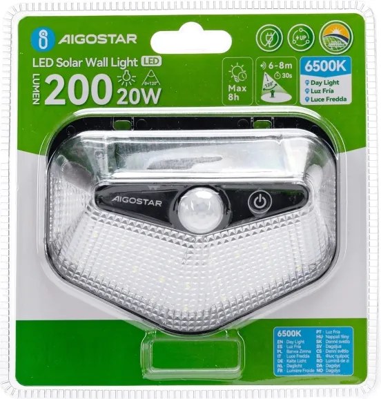 Aigostar -LED Lampada solare con sensore LED/3,7V 6500K 500 mAh IP65 nera