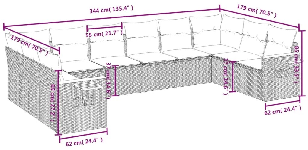 Set divani da giardino 10pz con cuscini in polyrattan nero