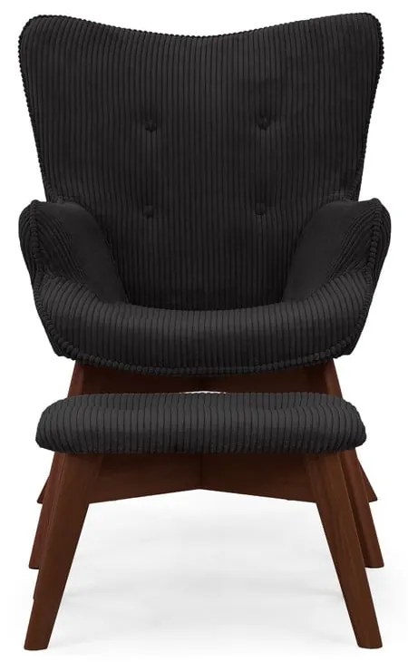 Poltrona con poggiapiedi nera con rivestimento in velluto a coste Niko – Ropez