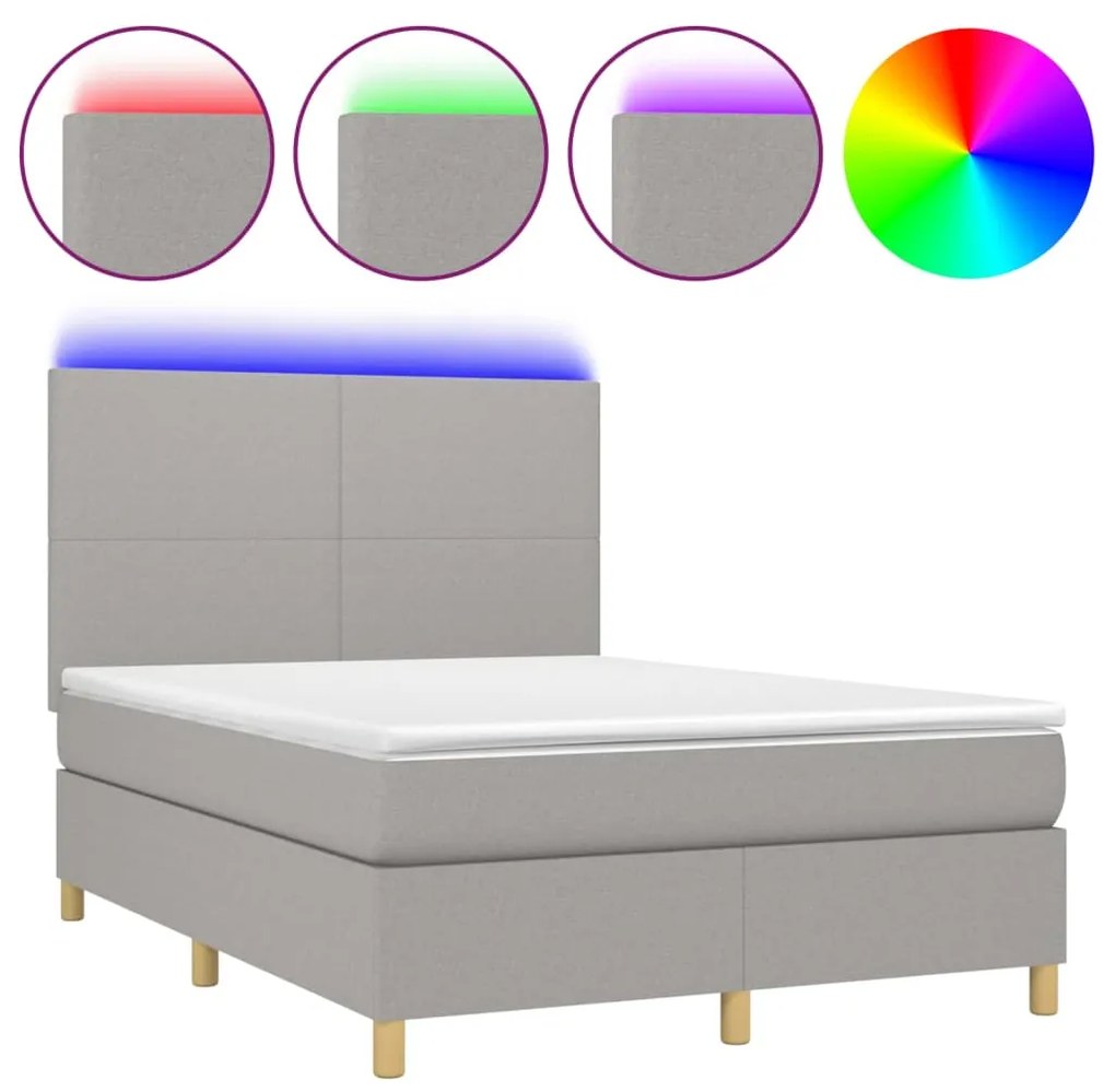 Letto a molle materasso e led grigio chiaro 140x200 cm tessuto