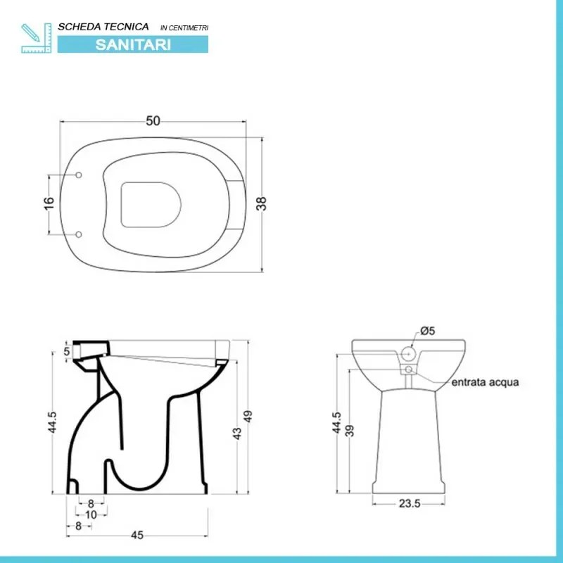 Vaso bidet combinato per anziani H 49 apertura frontale e scarico a terra