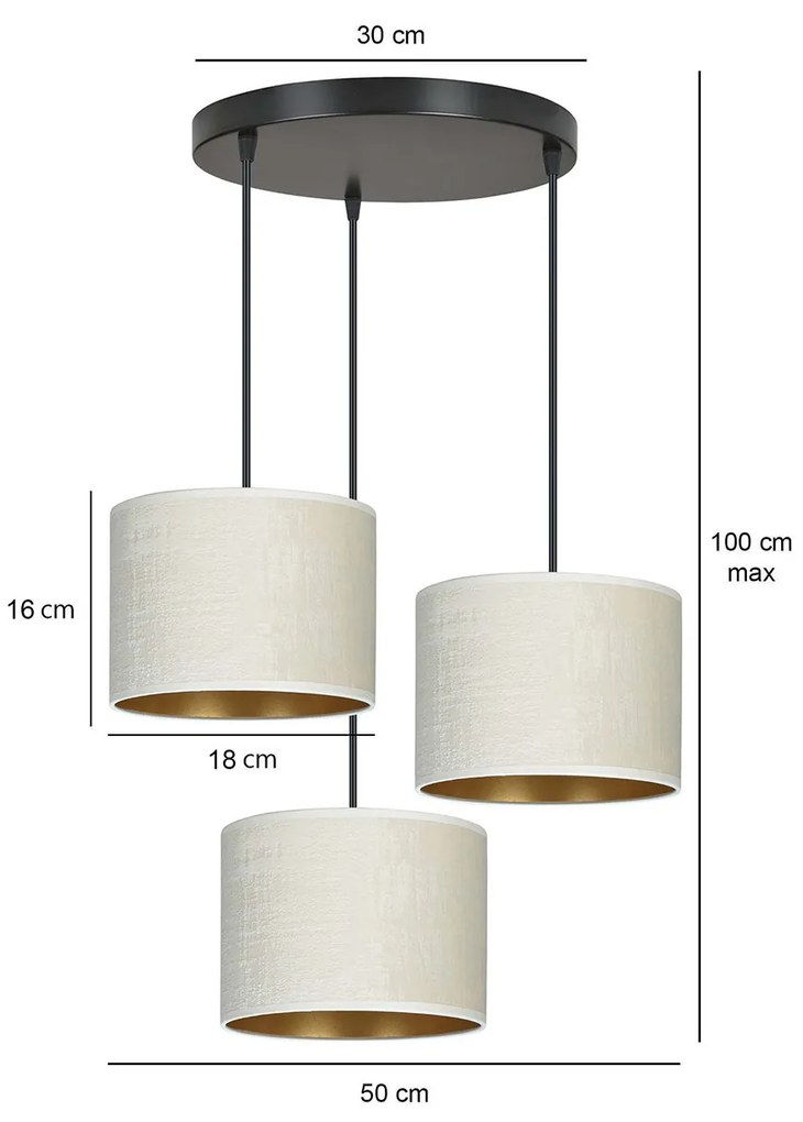 Lampadario Tondo 3 Luci Ganesha In Acciaio Nero E Paralumi In Tessuto Beige