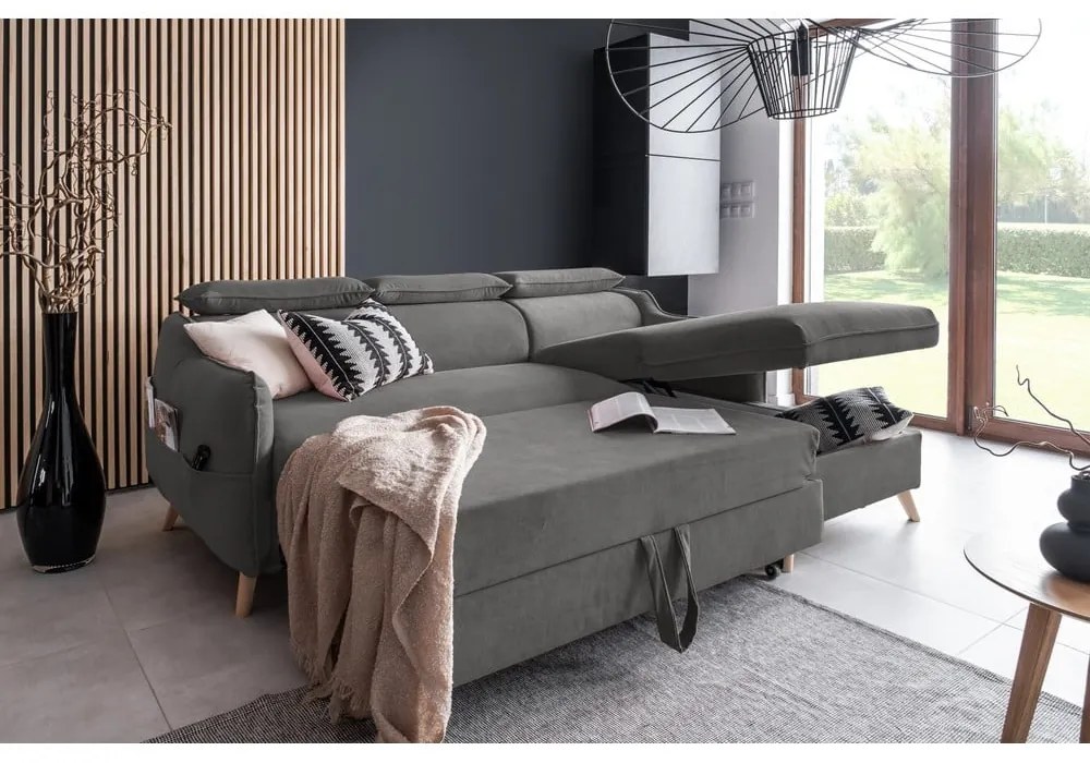 Divano letto angolare in velluto grigio scuro (angolo destro) Sweet Harmony - Miuform