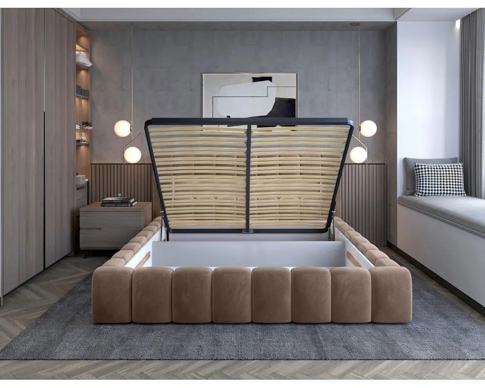 Letto matrimoniale imbottito marrone chiaro con contenitore con rete inclusa 180x200 cm Lamica – ELTAP
