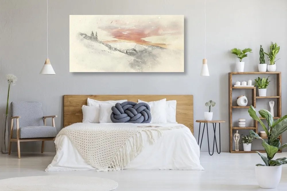 Quadro su tela – Sole calante sulle montagne innevate