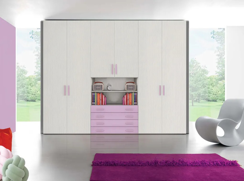 Armadio moderno L.271 a 6 ante e 4 cassetti H.257, finiture Bianco frassino e Orchidea