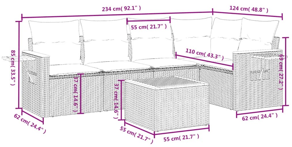 Set divano da giardino 6 pz con cuscini beige in polyrattan