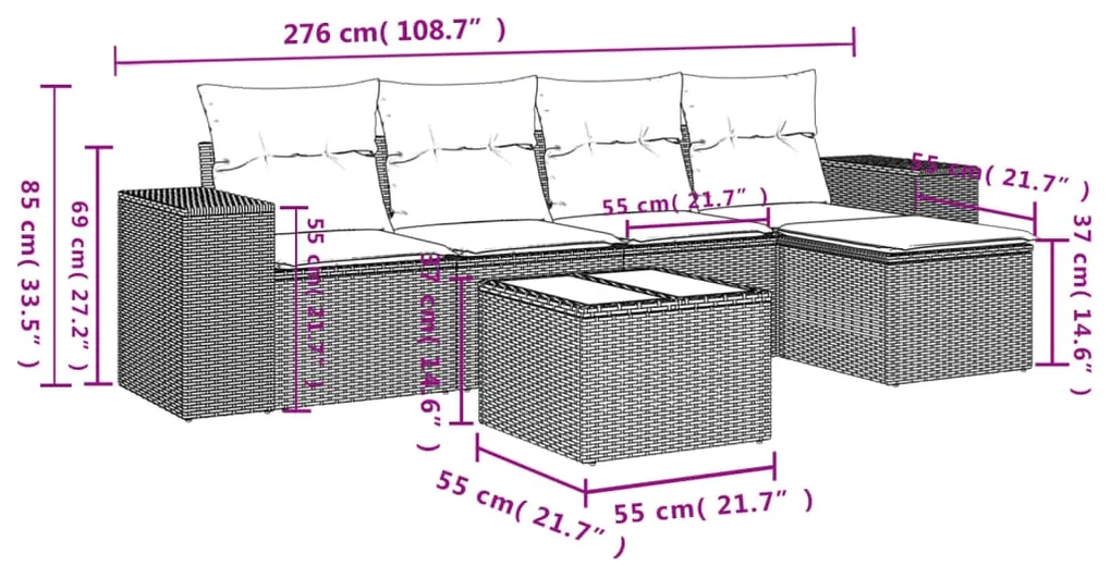 Set divano da giardino 6 pz con cuscini nero in polyrattan