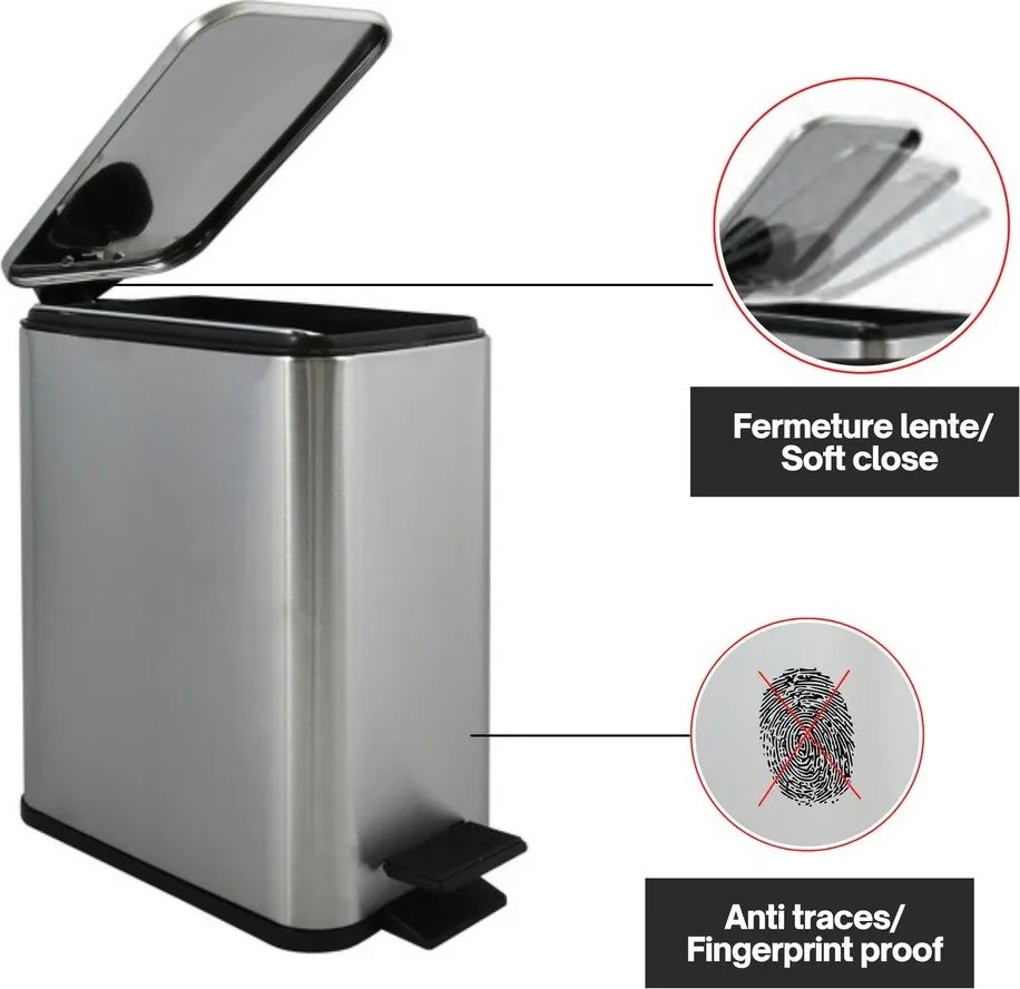 Cestino per la spazzatura color argento opaco in acciaio con pedale 5 l Erik – Spirella