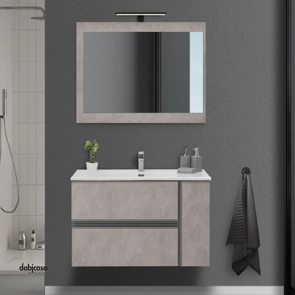 Mobile Bagno Sospeso "Oxid" Da 90 Cm Composto Da Due Cassetti Ed Un'Anta Finitura Beton Cenere