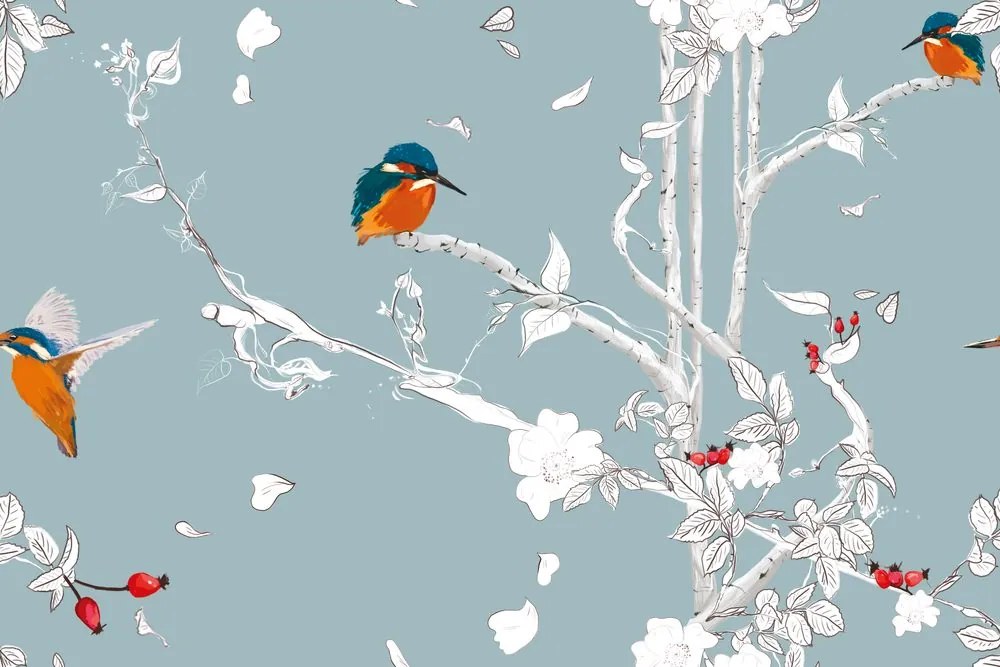 Carta da parati – Uccellini nella foresta fitta con sfondo blu