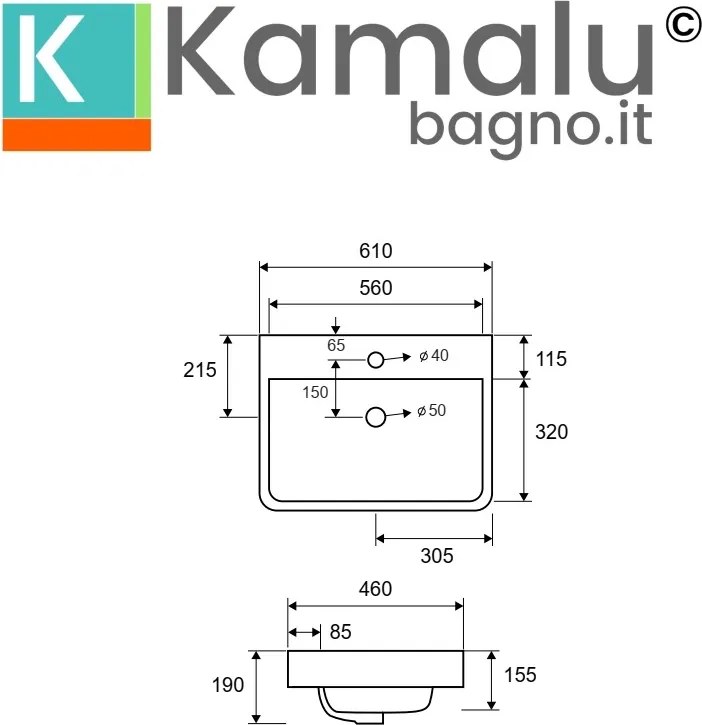 Lavabo semi incasso rettangolare bianco | Litos-460 - KAMALU