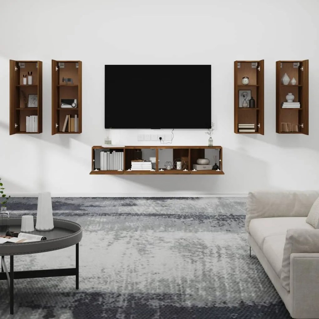 Set mobili porta tv 6 pz rovere marrone in legno multistrato