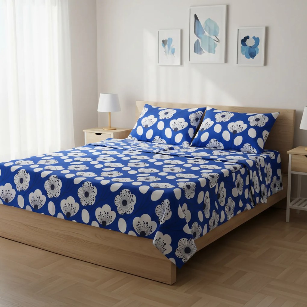 Completo letto matrimoniale blu fiori bianchi