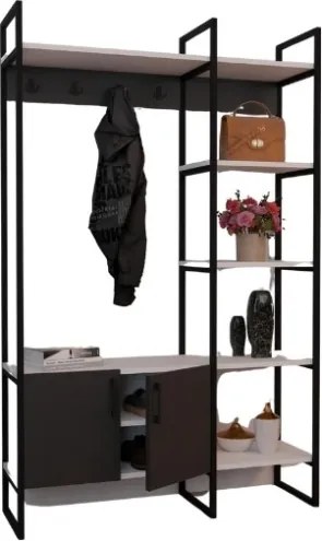 Mobile Ingresso Industrial 120x34x180 Con Scarpiera Appendiabiti E Ripiani Yago Antracite E Bianco