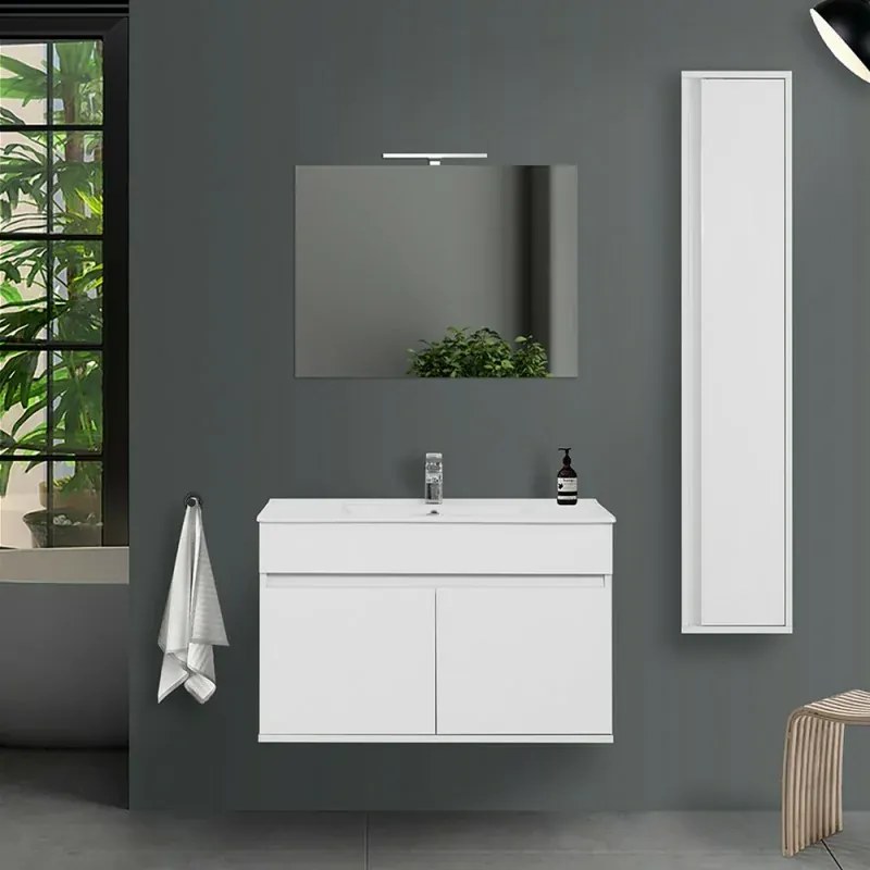 Composizione bagno sospesa 90 cm Duble bianco lucido con top e specchio