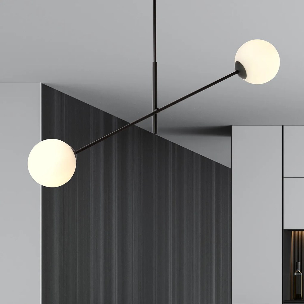 Lampadario 2 Luci Yama In Acciao Nero Con Bracci Regolabili E Vetro Opale