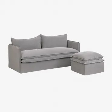 Set Da Soggiorno Grace In Lino E Cotone Con Divano 3 Posti E Pouf Tessuto Grigio Scuro - Sklum