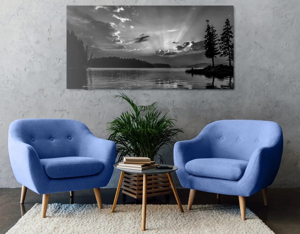 Quadro su tela – Riflesso del lago di montagna in bianco e nero