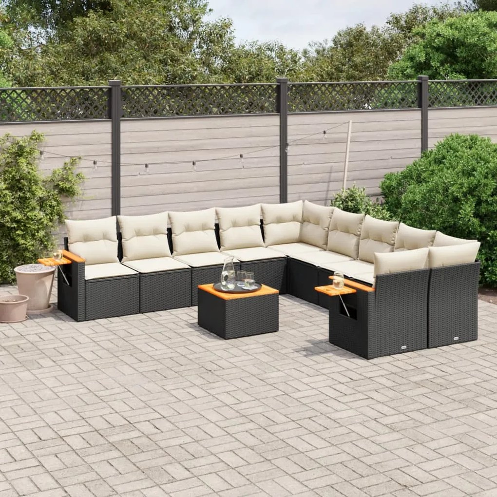 Set divani da giardino 11 pz con cuscini in polyrattan nero