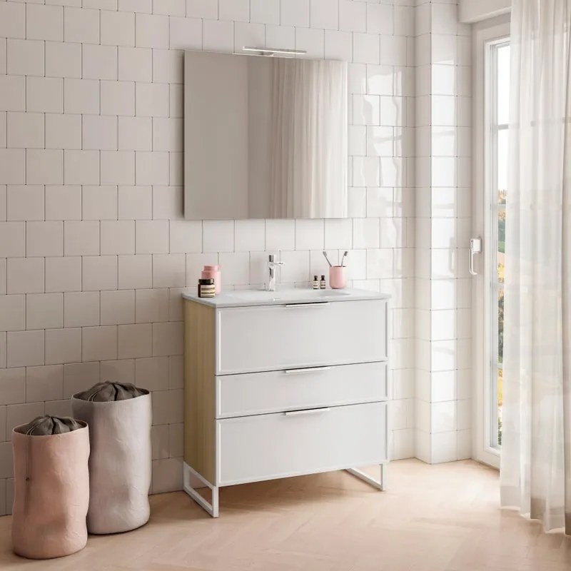 Mobile sottolavabo e lavabo Quadra natura/bianco in mdf L 80 x H 93 x P 46 cm 3 cassetti