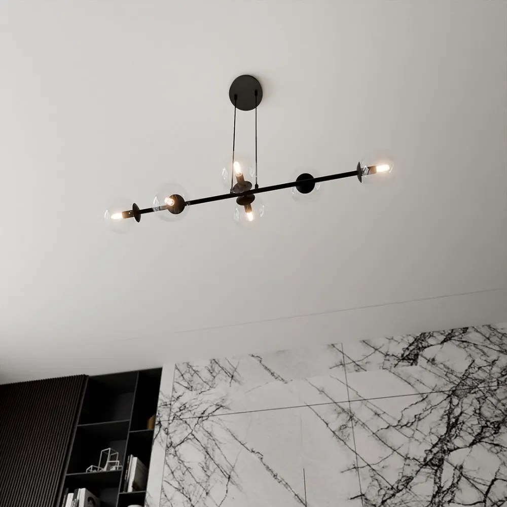Lampadario a Sospensione in Acciaio e Vetro ROSSI 6 Nero 6xE14 Colore delle Sfere Trasparente
