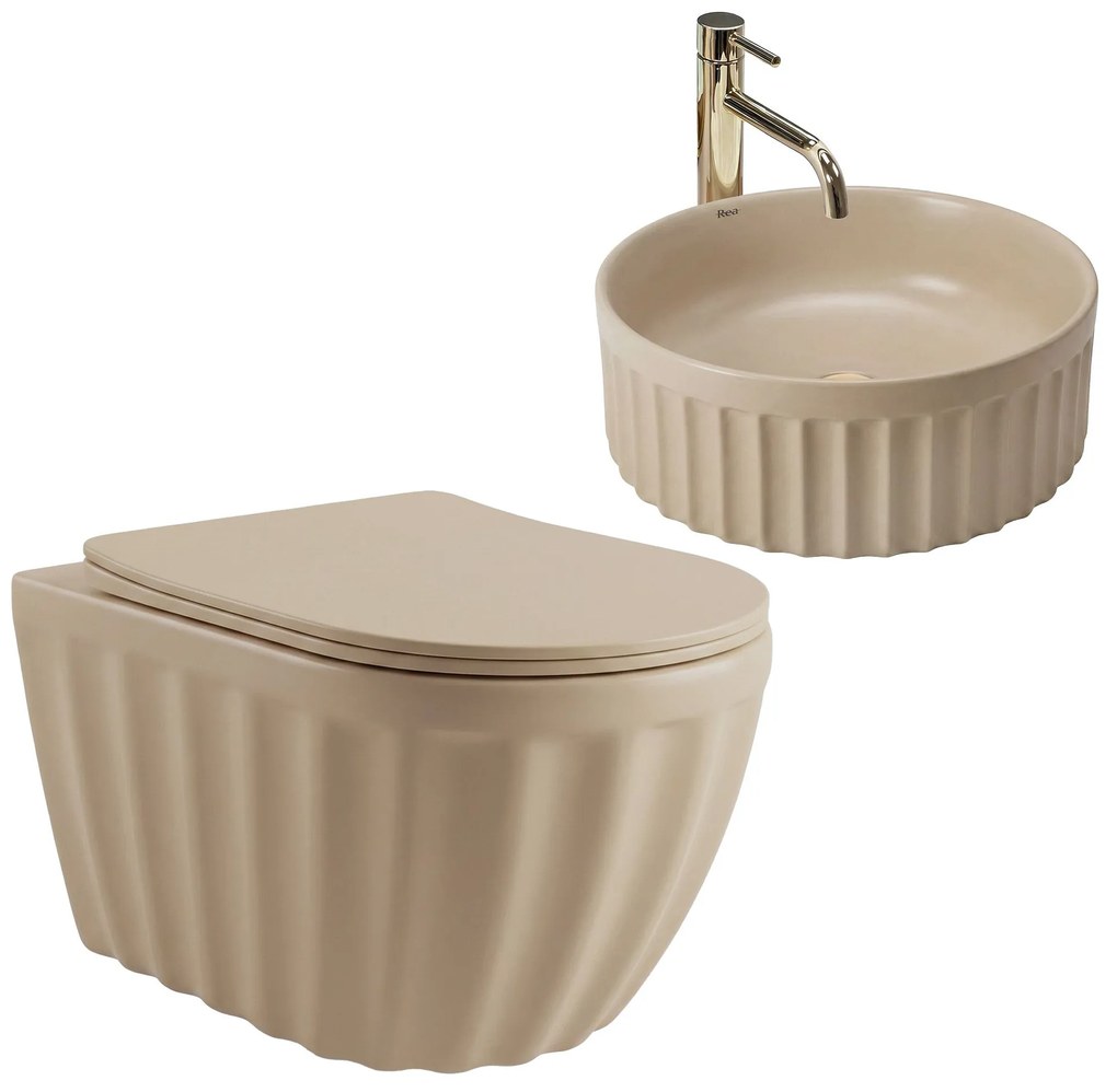 Set: WC sospeso + Lavabo da appoggio Rea Duo Caffe Latte Matt