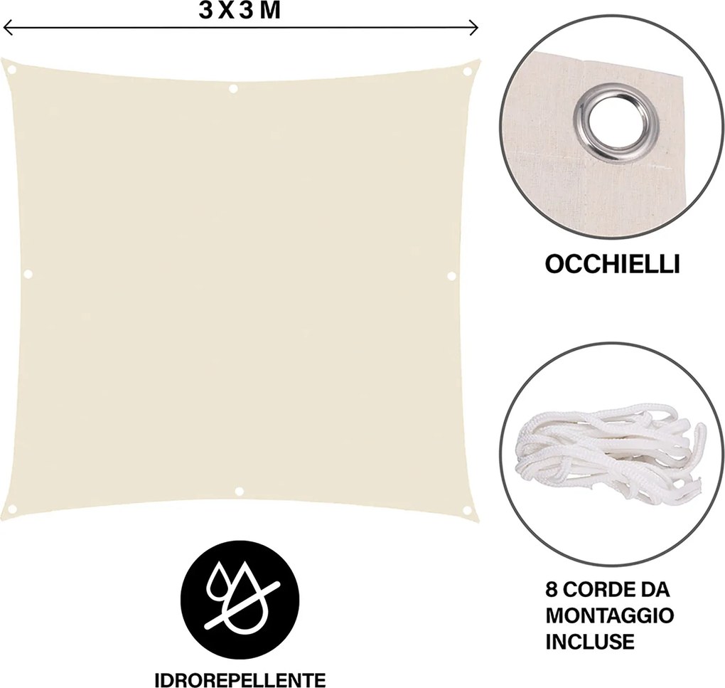 Vela Ombreggiante Quadrata 3x3 m in Cotone e Poliestere con 8 Corde di Montaggio Ecrù...