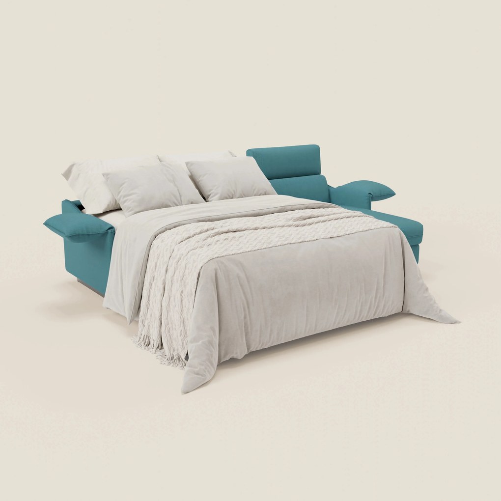 Violetta Divano Letto Angolare con Penisola contenitore, Poggiatesta e Materasso Alto H18 in tessuto impermeabile T13 azzurro