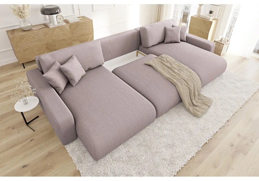 Divano angolare rosa chiaro allungabile/con contenitore (a U) con rivestimento in velluto a coste Sara – Ropez