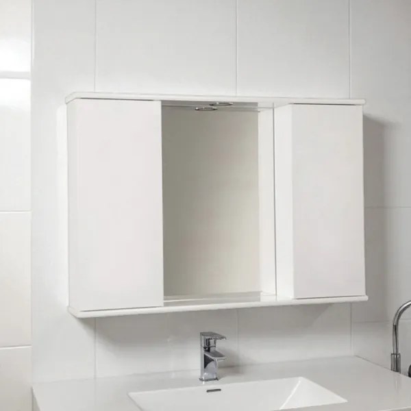 Specchiera bagno Bianco Lucido 92 cm a 2 ante lisce con luce LED