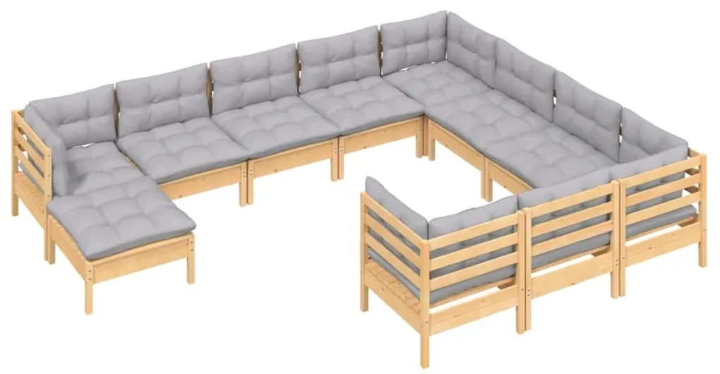 Set divani da giardino 11 pz con cuscini grigi massello di pino