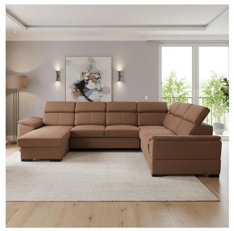 Divano letto angolare a U GRANADA con angolo universale e vano contenitore, marrone